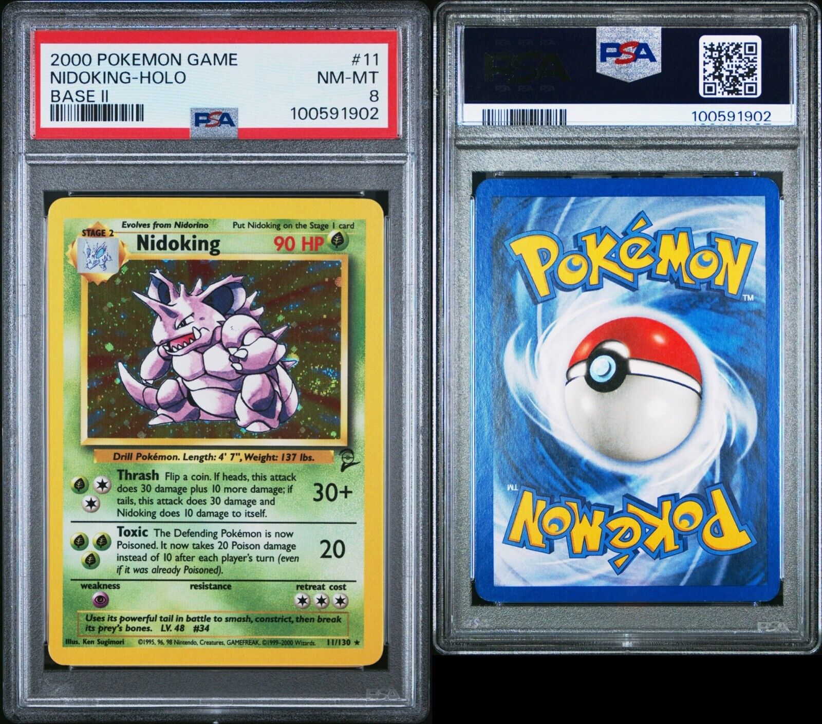 Pokemon Nidoking 11/130 PSA 8 NM-MT Base Set 2 Holo Rare 2000 WOTC