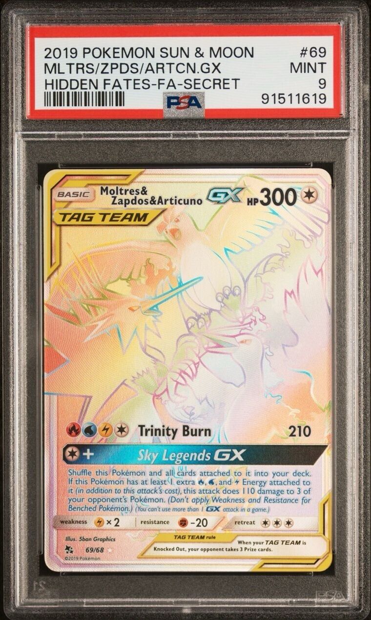 Pokemon Moltres/Zapdos/Articuno GX 69/68 PSA 9 Mint Hidden Fates Secret FA