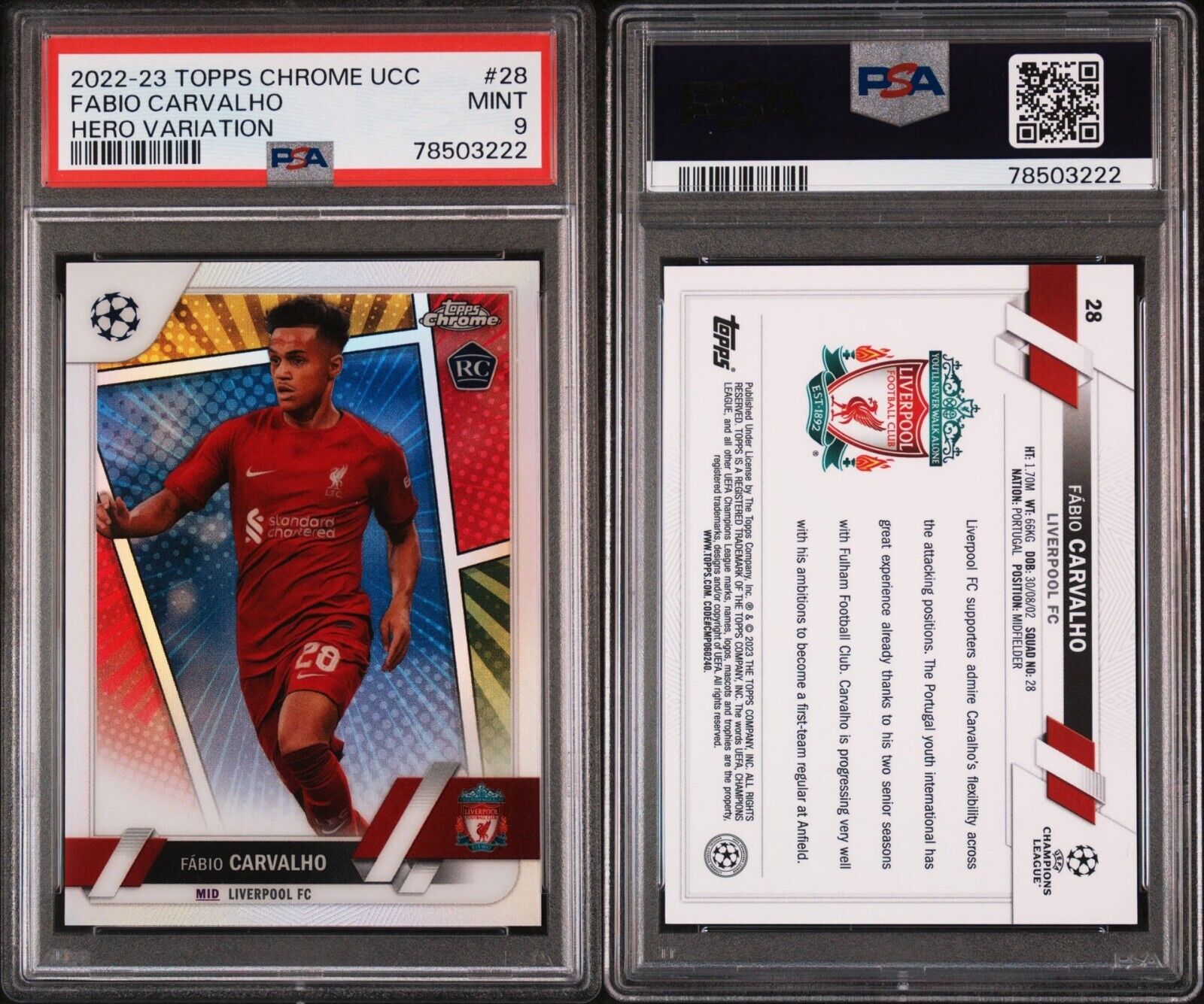 Topps Chrome UCC Fabio Carvalho #28 PSA 9 Mint Comic Hero Variation Holo Foil RC