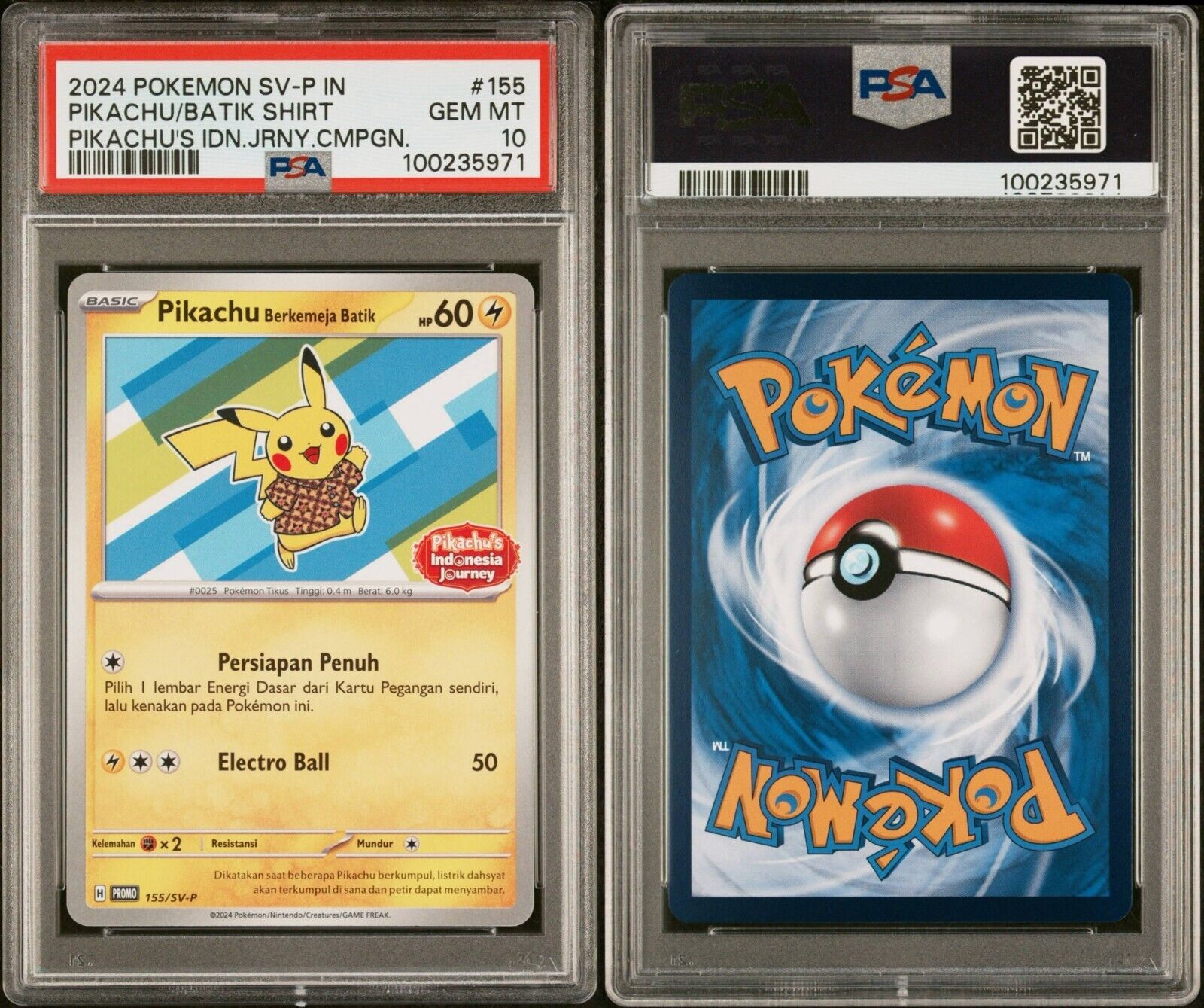 Pokemon Pikachu 155/SV-P PSA 10 Indonesia Journey Batik Shirt Exclusive Promo