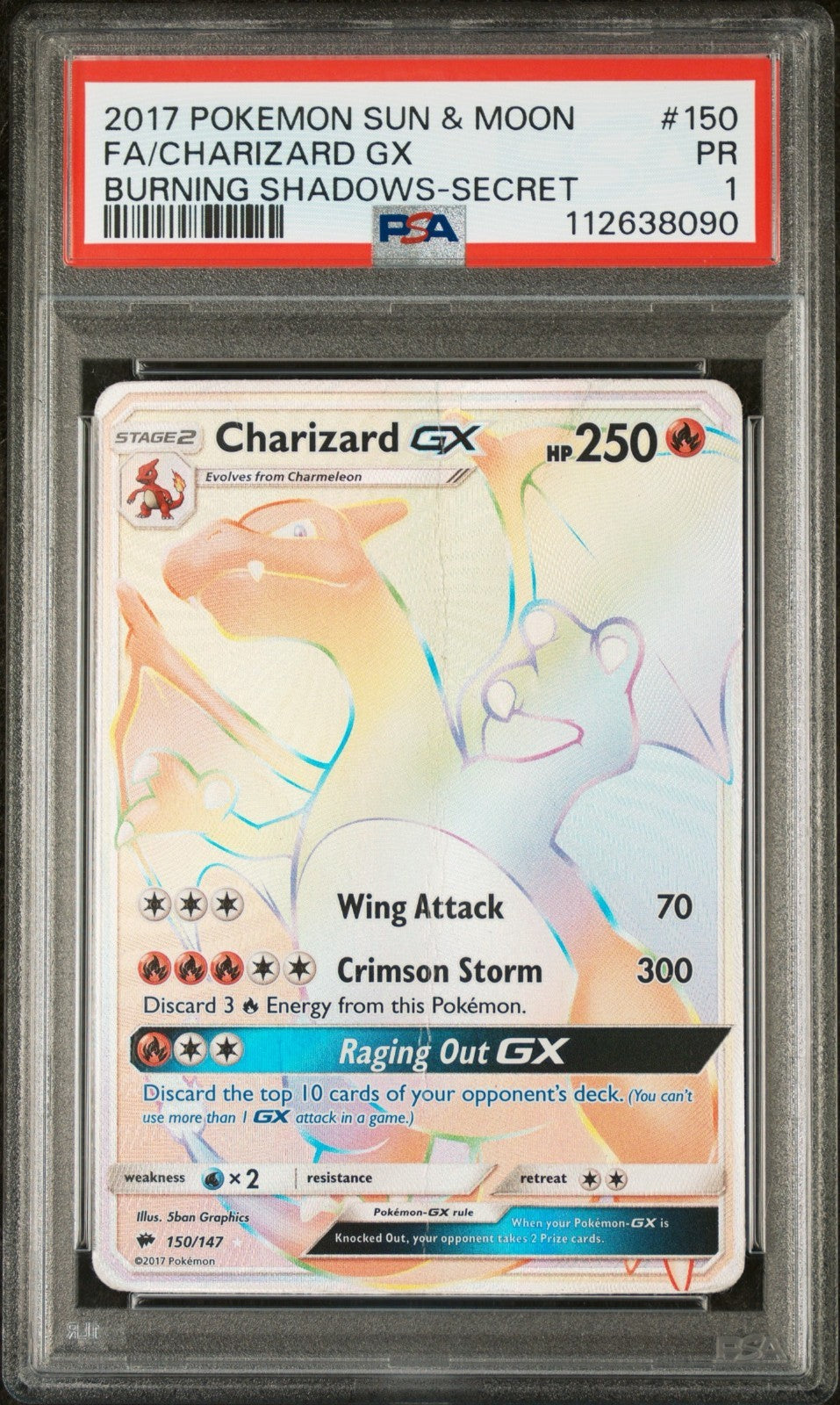 Pokemon Charizard GX 150/147 PSA 1 PR SM Burning Shadows Secret Rare FA 2017