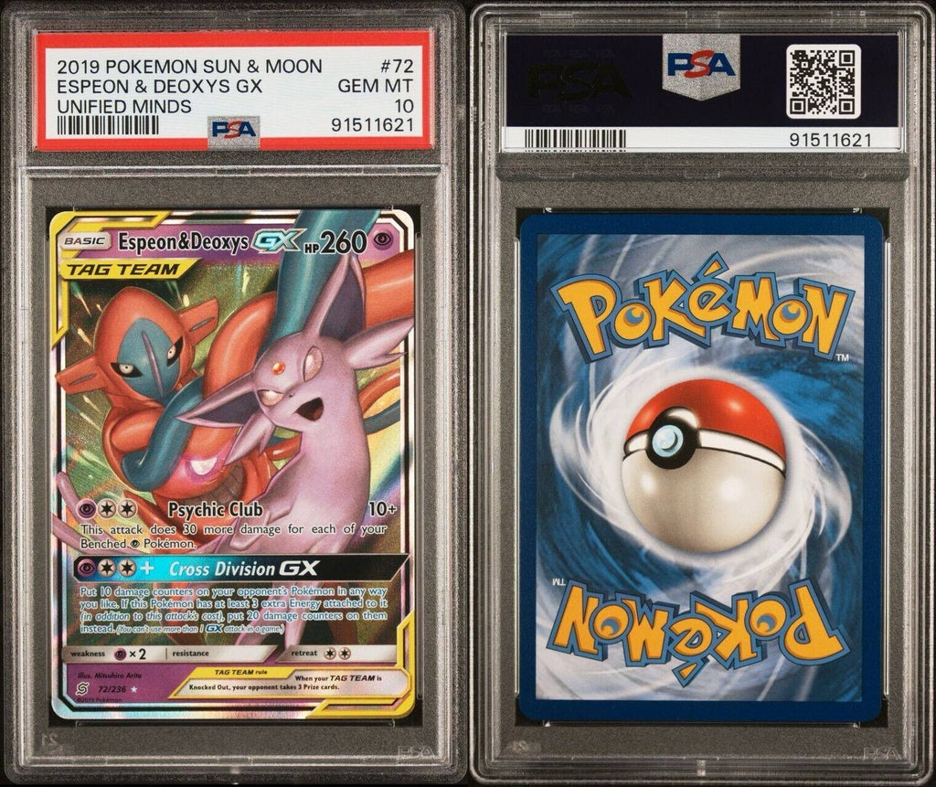 Pokemon Espeon & Deoxys GX 72/236 PSA 10 Gem Mint Unified Minds Tag Team Ultra