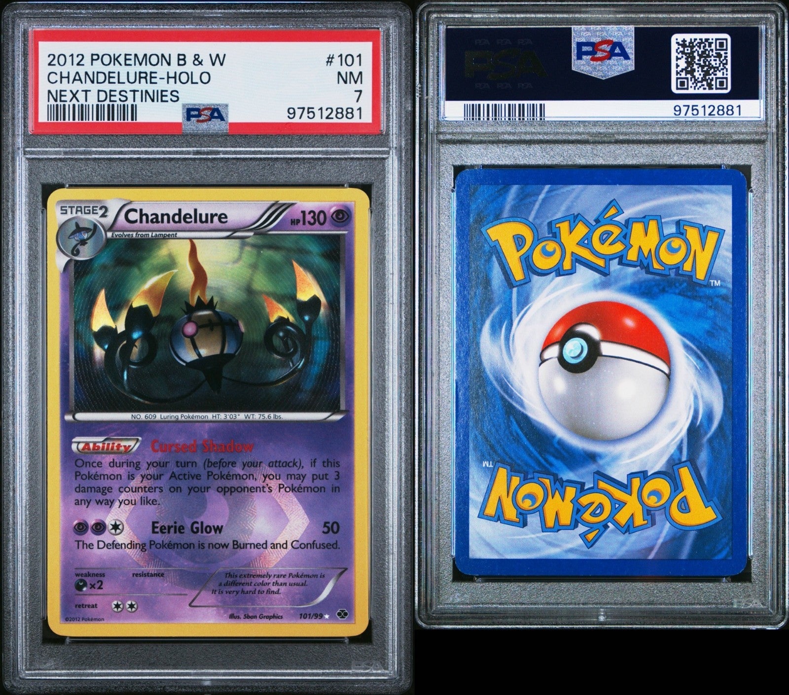 Pokemon Chandelure 101/99 PSA 7 NM BW Next Destinies Shiny Secret Rare Holo 2012