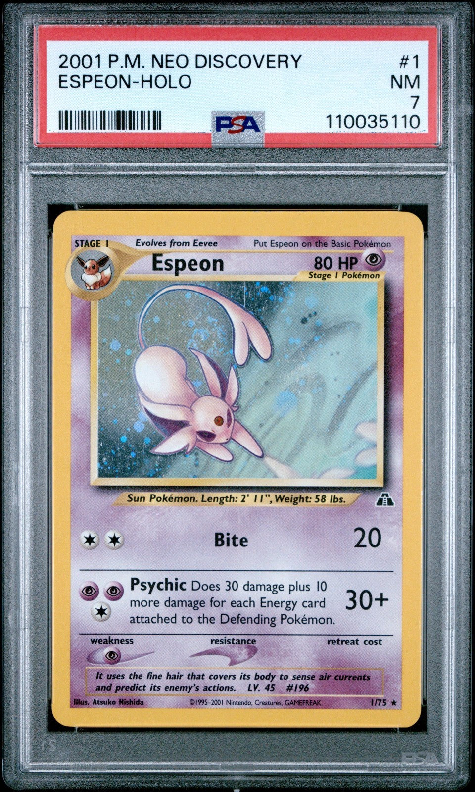 Pokemon Espeon 1/75 PSA 7 NM Neo Discovery Holo Rare Unlimited WOTC 2001