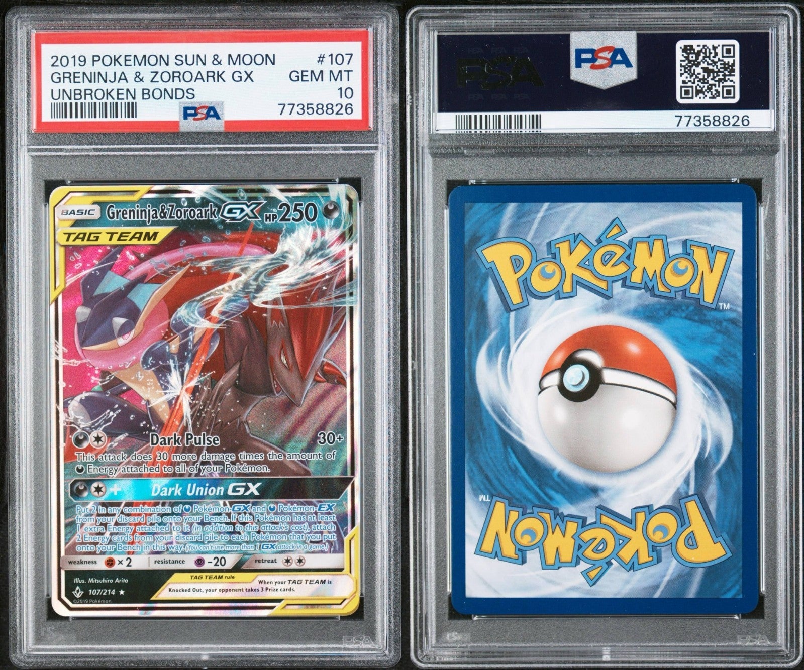 Pokemon Greninja & Zoroark GX 107/214 PSA 10 Gem Mint SM Unbroken Bonds Tag Team