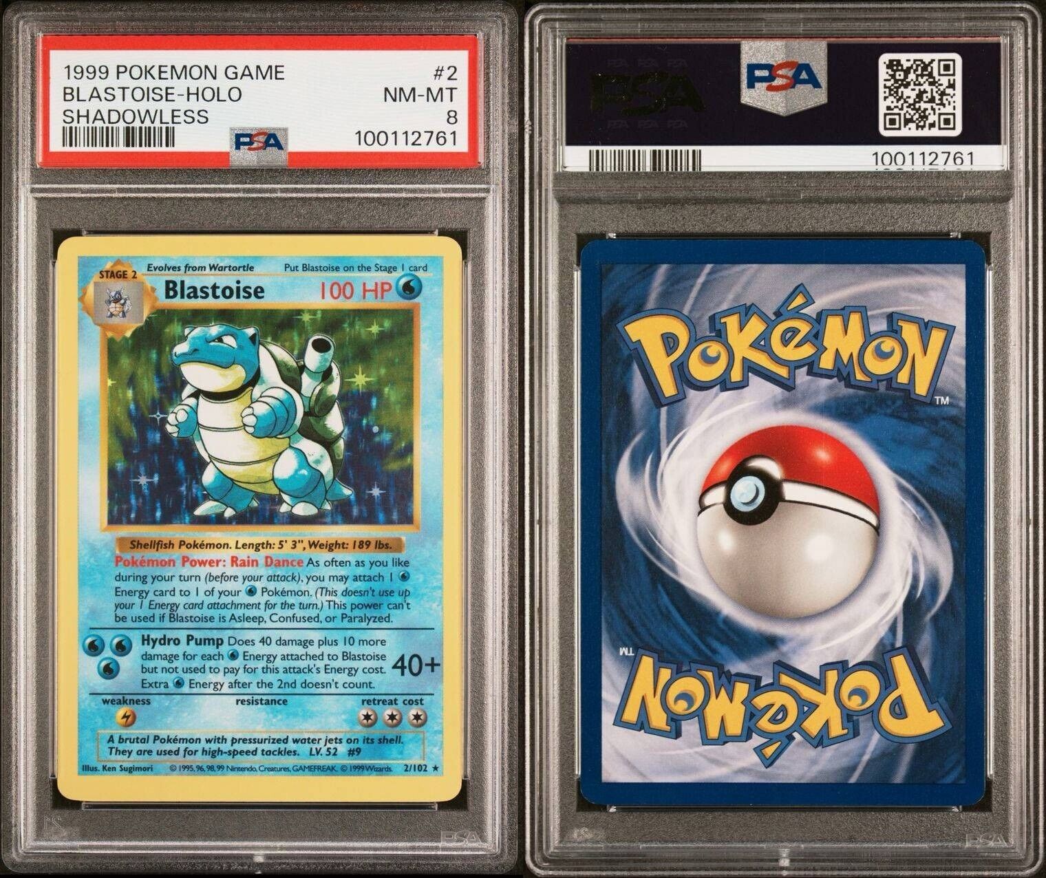 Pokemon Blastoise 02/102 PSA 8 NM-MT Base Set Shadowless Holo Rare 1999 WOTC